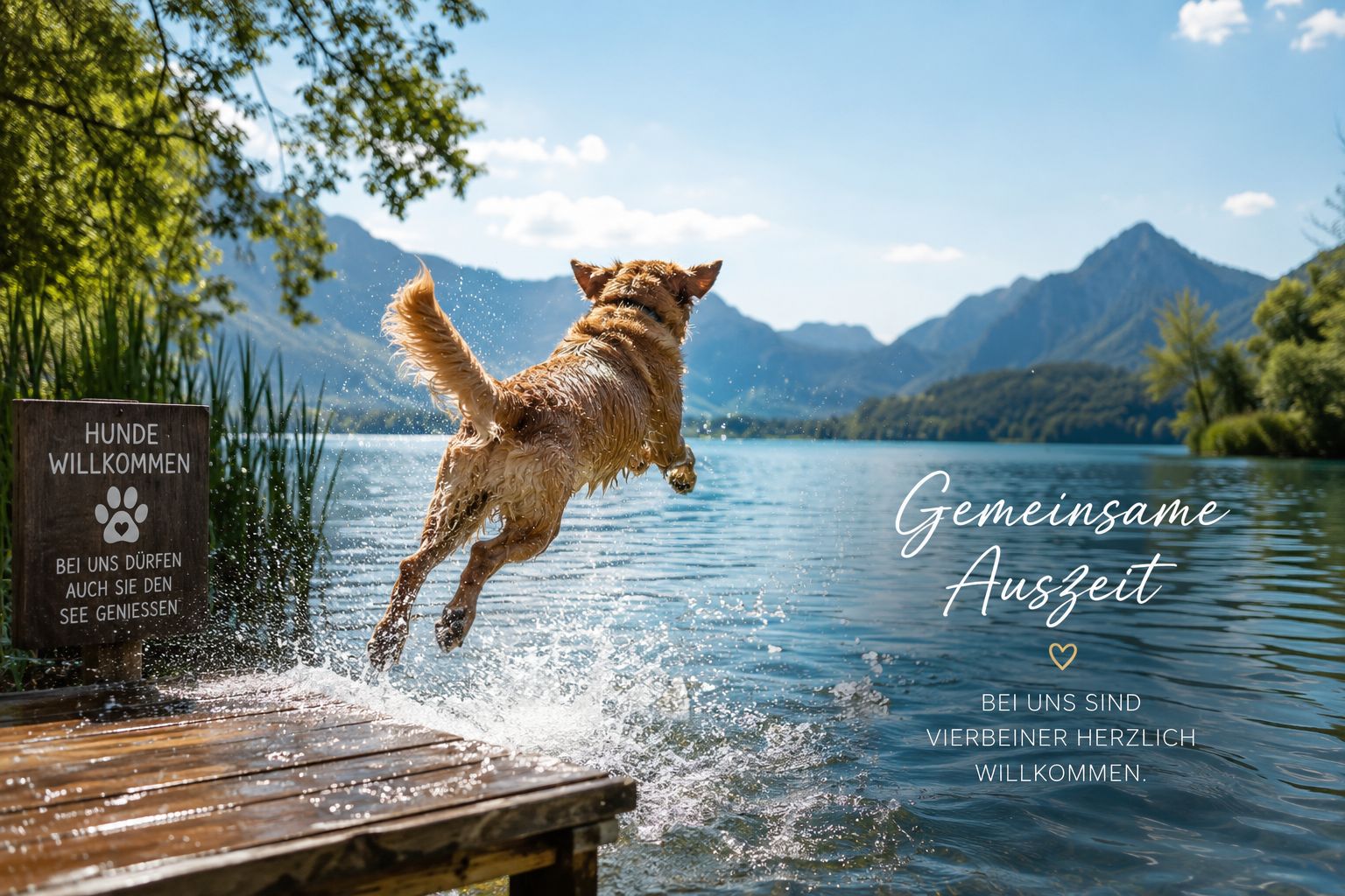 Hund springt in den Wörthersee – in den Seevillen Excelsior sind Hunde herzlich willkommen